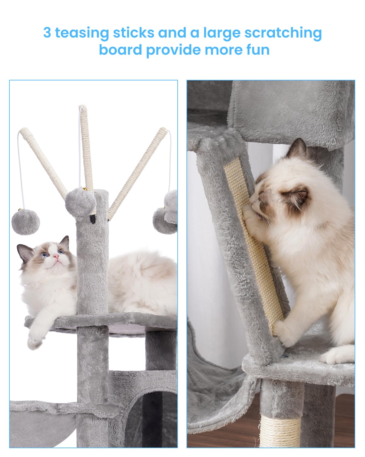 Hey-brother Cat Tree, 53 inch Cat Tower for Indoor Cats, Cat House with Padded Platform Bed, Toy Balls, Large Cozy Condo, Hammocks and Sisal Scratching Posts, Light Gray MPJ019-SW Hey-brother