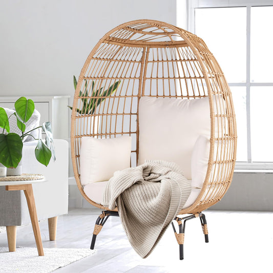 OTSUN Wicker Egg Chair, Oversized Egg Basket Chair for Living Room, Backyard, Outdoor Indoor Lounger with 4 Cushions, 440lb Capacity, Steel Frame, Ivory - WoodArtSupply