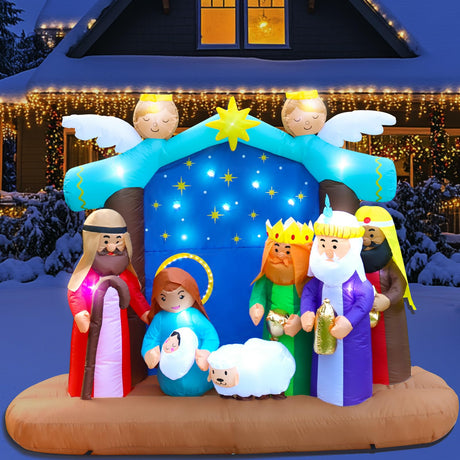 Inflatable Christmas Nativity Scene Decoration with 17 LED Lights & Copper String Lights, 210T Polyester Fabric, Complete Set with Air Blower, Stakes, Ropes, and Water Bags, 7ft Long and 5.6ft High PLYFOU