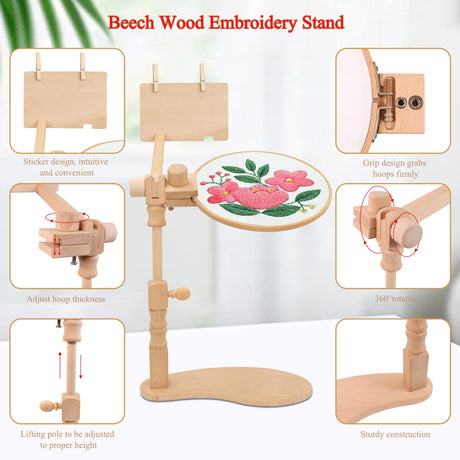 Embroidery Hoop Stand, 360° Adjustable Sitting Cross Stitch Stand, Easy to Use Wooden Embroidery Hoop Holder, Cross Stitch Stand for Art Craft Sewing Projects guofa