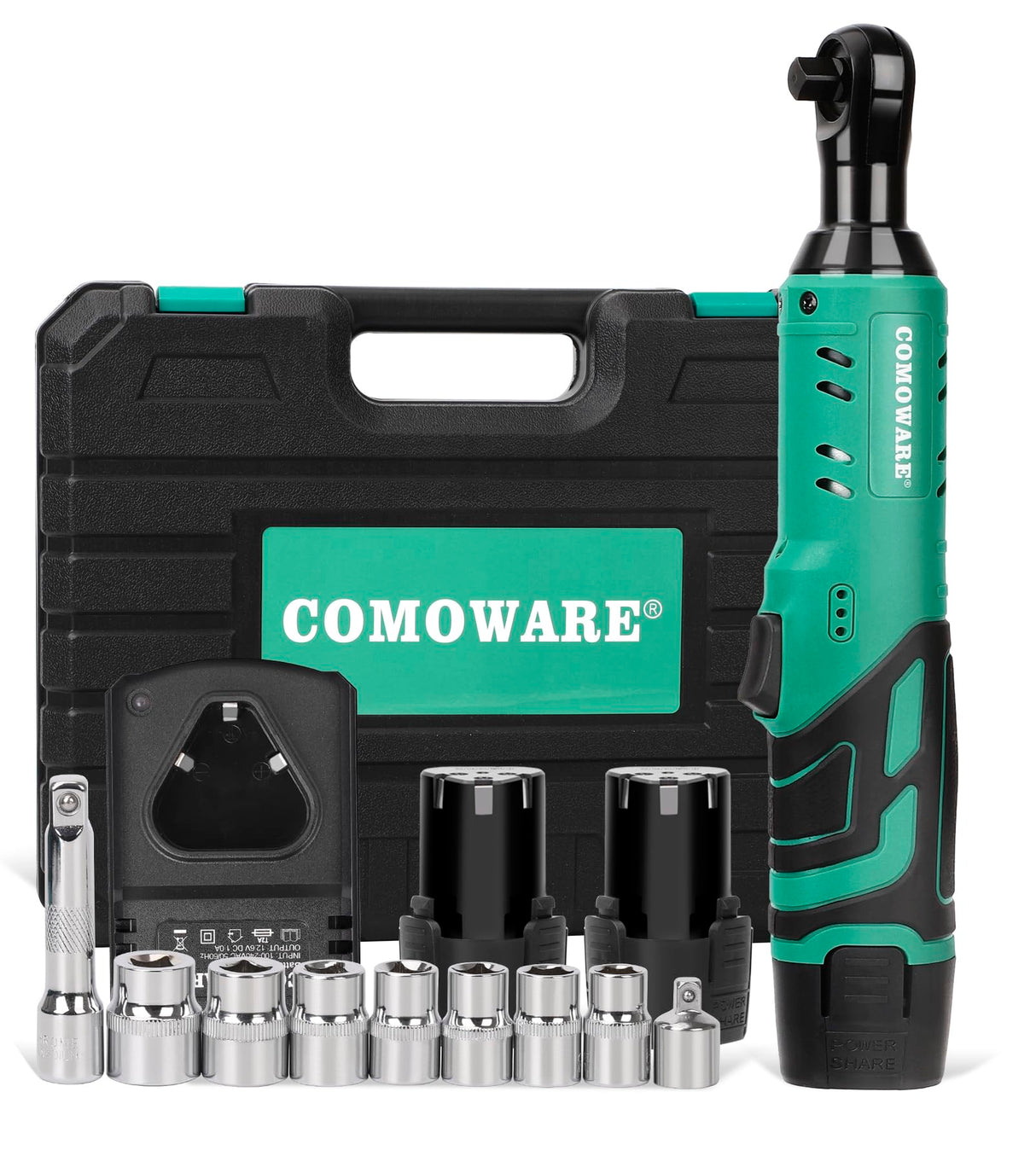 COMOWARE 3/8 Cordless Electric Ratchet Wrench Kit, 40ft-lbs Torque, 12V Power, 8 Sockets, LED Light, Fast Charger, Ergonomic Design COMOWARE