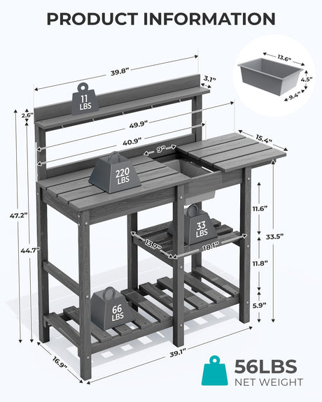 SERWALL Potting Bench Outdoor Potting Table with Sink, HDPE Potting Benches for Outside Gardening Table All Weather Use- Gray SERWALL