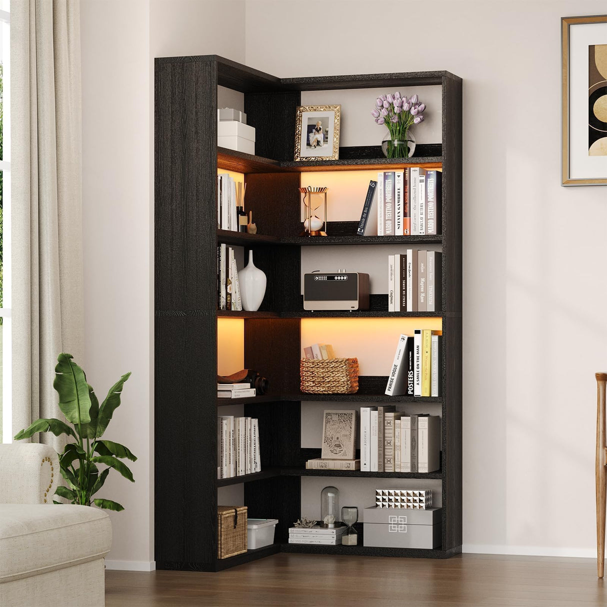 4 EVER WINNER Corner Book Shelf with LED Lights, 71” High Coner Bookshelf with Storage for Living Room, Study Room, Modern Storage Display Industrial L Shaped Bookshelf, Black 4 EVER WINNER