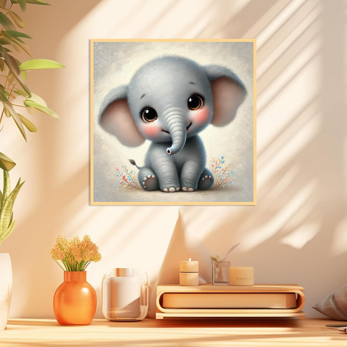 Mowana Paint by Numbers Kit for Adults Framed Canvas - with Wooden Easel, Baby Elephant Adults' Paint-by-Number Kits DIY Acrylic Oil Painting Kits Arts Crafts 7.8x7.8inch Mowana