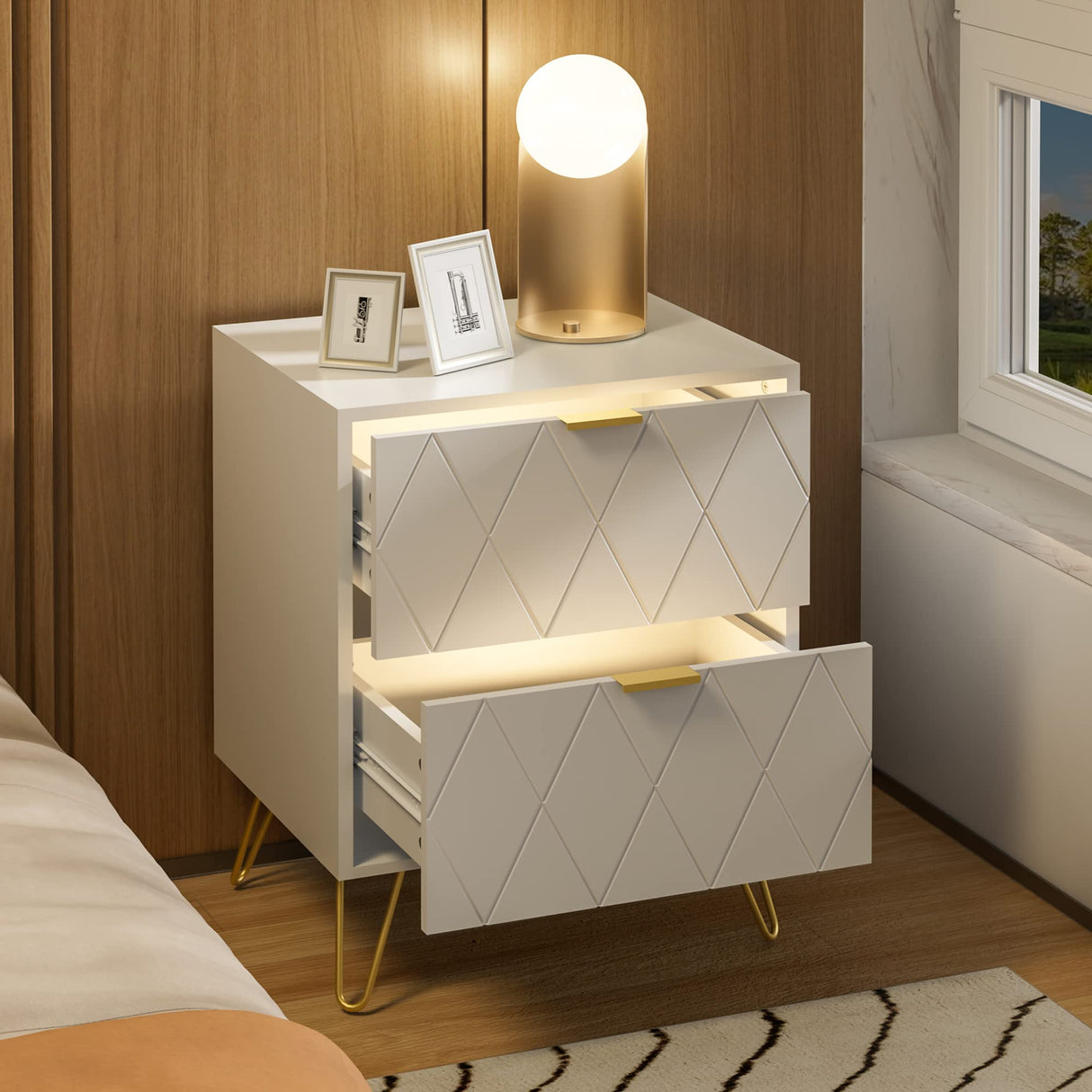 Anbuy White Nightstand Set of 2, End Side Table Double, Bedside Table with 2 Drawers, Dual Night Stand Metal Gold Legs for Bedroom Living Room Anbuy