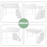 MoproBeti Queen Size Loft Bed with Stairs, Heavy Duty Metal Loft Beds Frame with Storage Shelf & Wardrobe, Tall LoftBed with Under-Bed Space for Adult Teens Junior,Space Saving Design,White MoproBeti