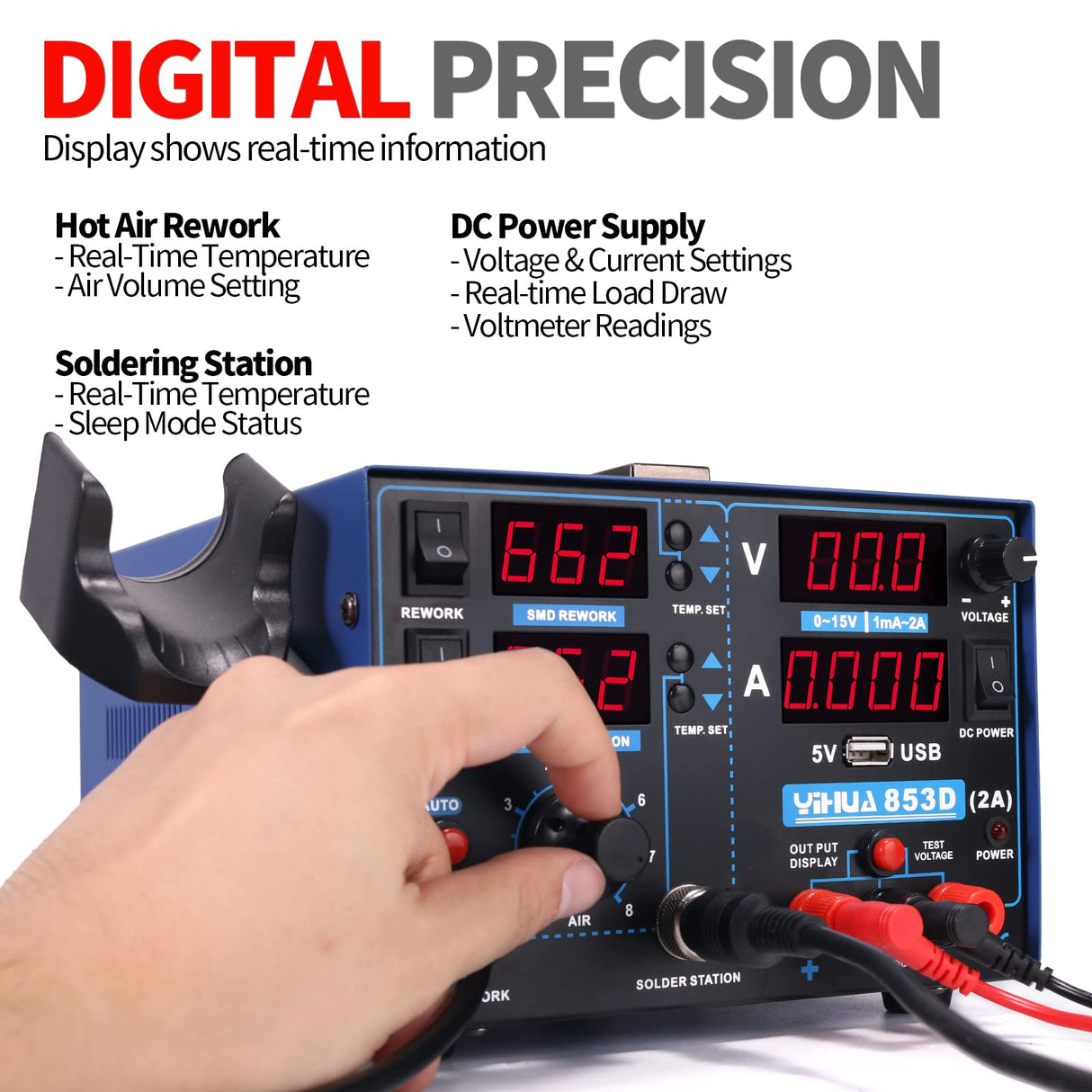 YIHUA 853D 2A USB SMD Hot Air Rework Soldering Iron Station, DC Power Supply 0-15V 0-2A with 5V USB Charging Port and 35 Volt DC Voltage Test Meter YIHUA