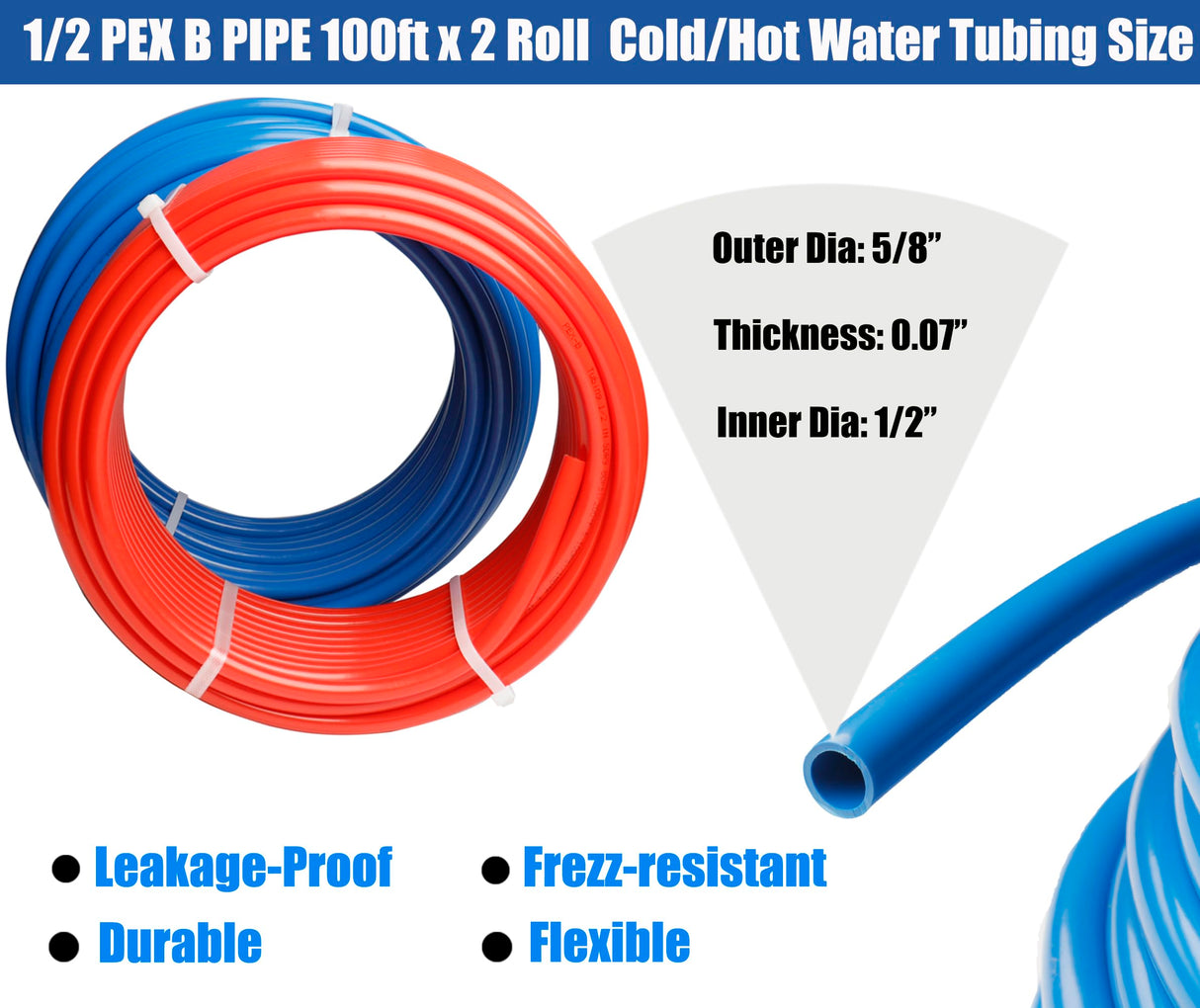 WHK PEX Pipe 1/2" Inch PEX Tubing Plumbing Pipe 2x100ft Pex-b Pipe Blue & Red Each 100ft for Cold and Hot Water WHK