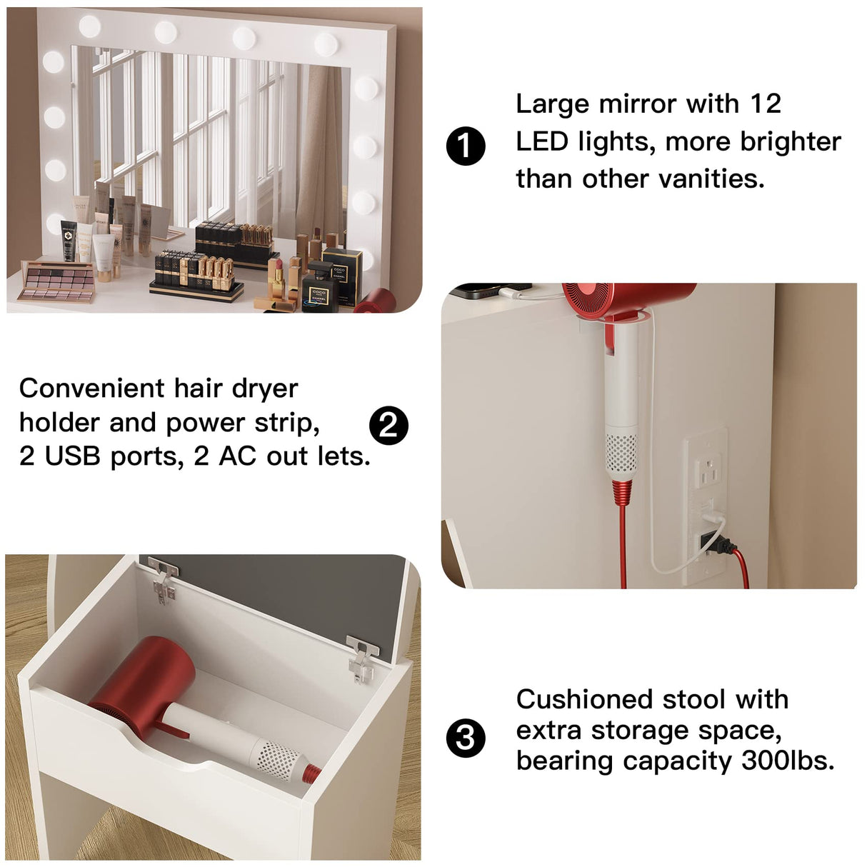 Titoni Vanity Table Set with Lighted Mirror - Makeup Vanity with Charging Station, Large Drawer Sturdy Wood Vanity with Lights, 3 Color Modes, Adjustable Brightness, White Titoni