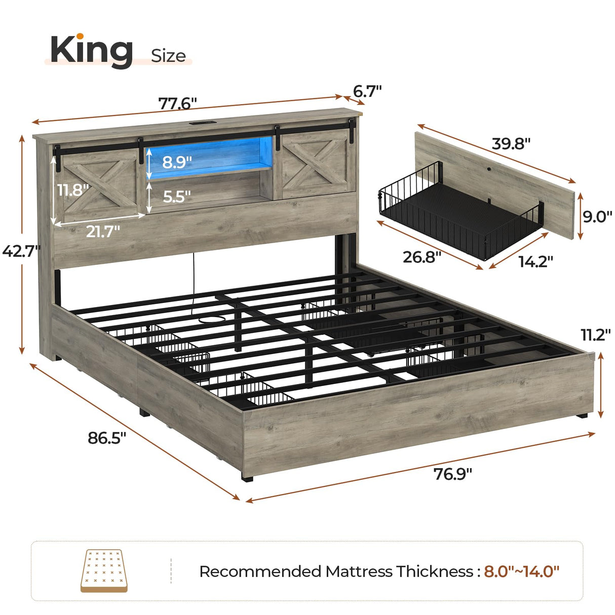 Hasuit Farmhouse Bed Frame King Size with 4 Storage Drawers, Wooden Platform King Beds with Charging Station and LED Lights, Rustic Bed with Storage Headboard and Sliding Barn Door Hasuit