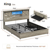 Hasuit Farmhouse Bed Frame King Size with 4 Storage Drawers, Wooden Platform King Beds with Charging Station and LED Lights, Rustic Bed with Storage Headboard and Sliding Barn Door Hasuit
