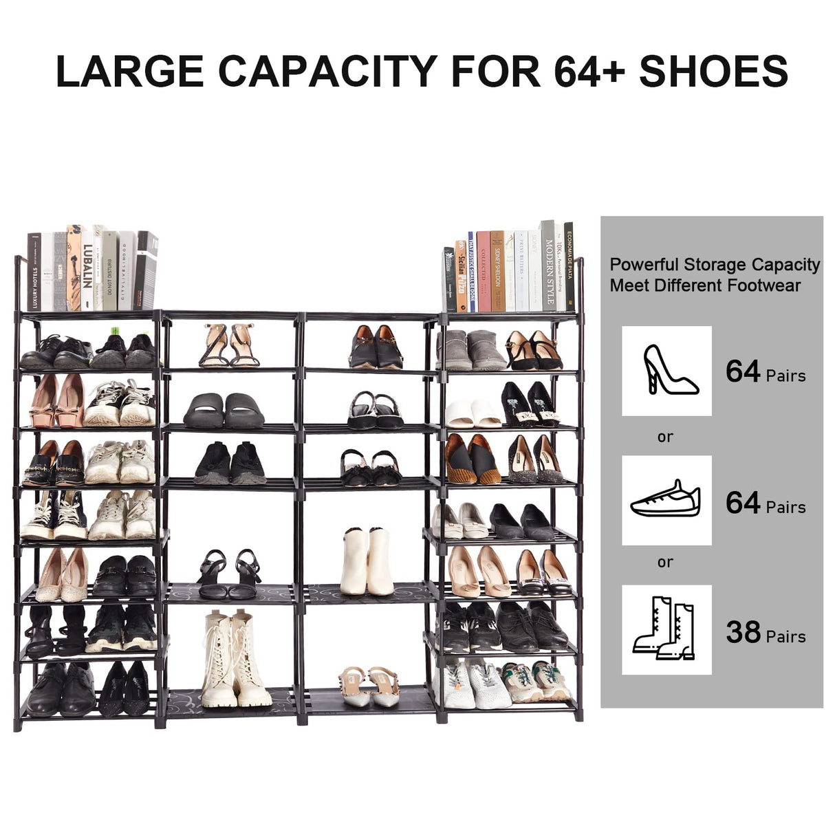 Mavivegue Extra Large Shoe Rack, 8 Tier 4 Rows 72-76 Pairs Big Tall Metal Shoe Shelf,Big Boot Rack Storage Organizer for Garage,Show Rack Shoe Holder Stand,Closet Rack Organizers and Storage Mavivegue
