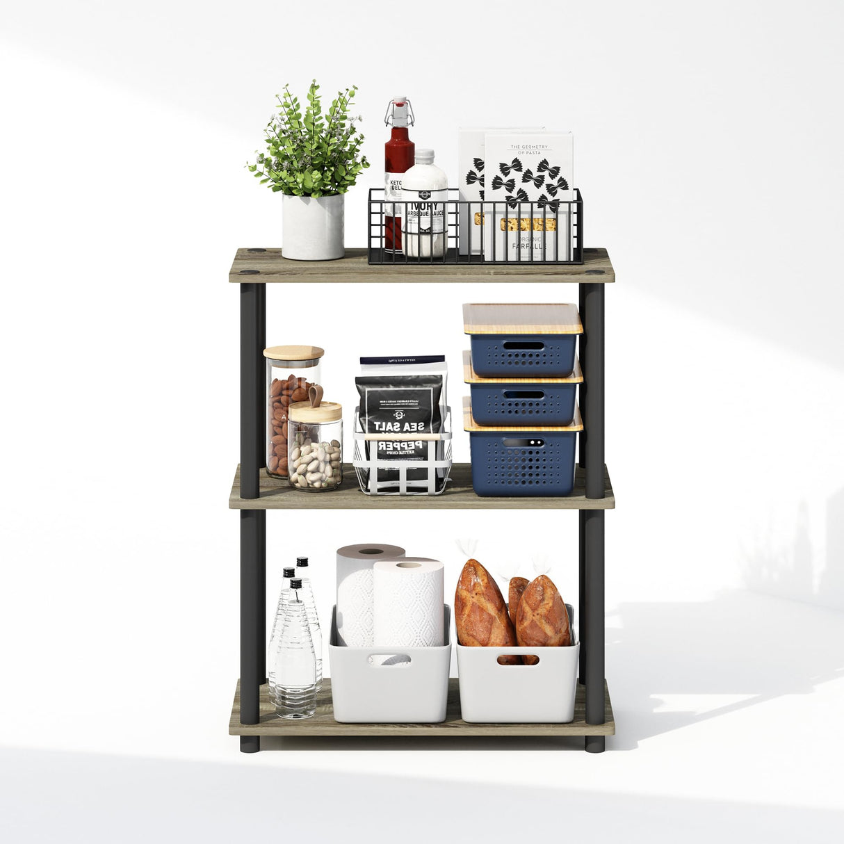 Furinno Turn-N-Tube 3-Tier Multipurpose Compact Bookcase, French Oak/Black Furinno