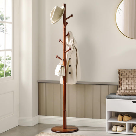 VASAGLE Solid Wood Coat Rack, Wood Hall Tree, Coat Rack Stand with 7 Rounded Hooks, Stable Round Base, 3 Height Options, for Living Room, Bedroom, Home Office, Dark Walnut URCR07WN VASAGLE