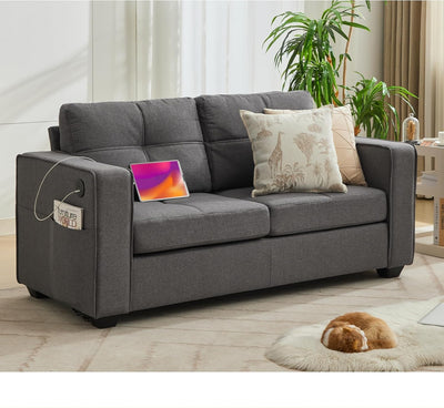 TYBOATLE 65" Small Couches for Bedroom, Mid-Century Modern Tufted Comfy Loveseat w/USB Charging Ports and Wide Arms, 2 Seater Office Small Sofa for Dorm, Apartment, Grey