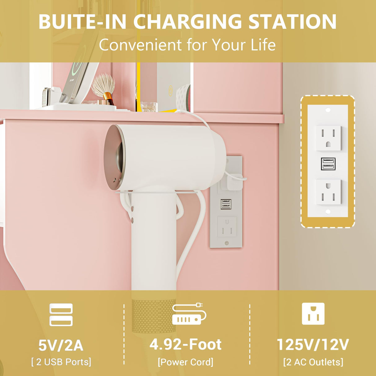 Vanity Desk with LED Lights Mirror & Power Outlet, Small Makeup Vanity Table Set with Storage Drawers & Chair, 3 Lighting Modes & Adjustable Brightness, Dressing Table for Women Girls Bedroom, Pink Xixini