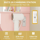 Vanity Desk with LED Lights Mirror & Power Outlet, Small Makeup Vanity Table Set with Storage Drawers & Chair, 3 Lighting Modes & Adjustable Brightness, Dressing Table for Women Girls Bedroom, Pink Xixini