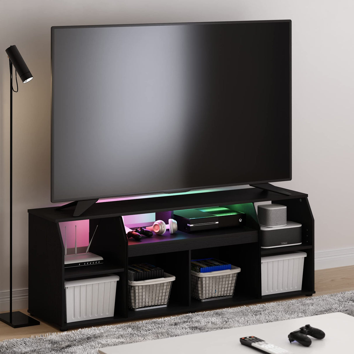 Furinno Jaya TV stand for up to 65 Inch TV, Gaming Enterteinment Center with LED Lights, Living Room Media Console Table, Americano Furinno