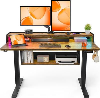 ErGear Standing Desk, 48x24 Inch Electric Standing Desk with Shelves, Height Adjustable Desk with Monitor Stand and Storage, Gaming Sit Stand Up Desk with LED Light for Home Office, Vintage Brown