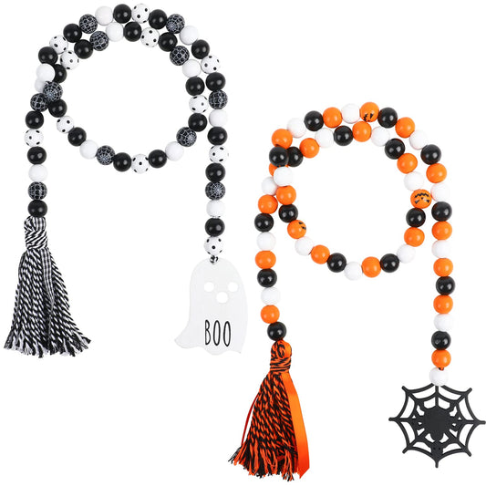 CCINEE 2Pack Halloween Wooden Bead Garland with Tassel 39.3In Rustic Farmhouse Bead Garland with Ghost Spider Web Tag Beaded Tiered Tray Decor for Halloween Shelf Tiered Tray Wall Decor