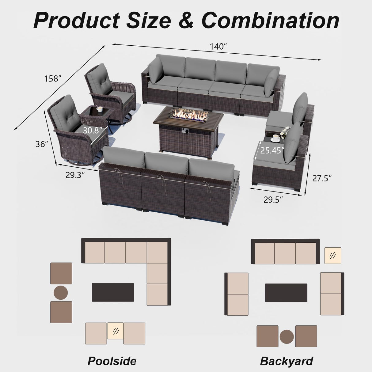 ALAULM 13 Pieces Patio Furniture Set with 2 Swivel Chairs Patio Furniture Outdoor Sectional Sofas with 55000 Gas Fire Pit Patio Conversation Set w/10 Cushions-Grey ALAULM