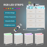 LUMTOK 8-Drawers Dresser with Power Outlets, Built-in Power Strips & LED Strips, Fabric Dressers Drawers for Bedroom, Hallway, Nursery, Steel Frame, Wood Top, Easy Pull Handle (White) LUMTOK
