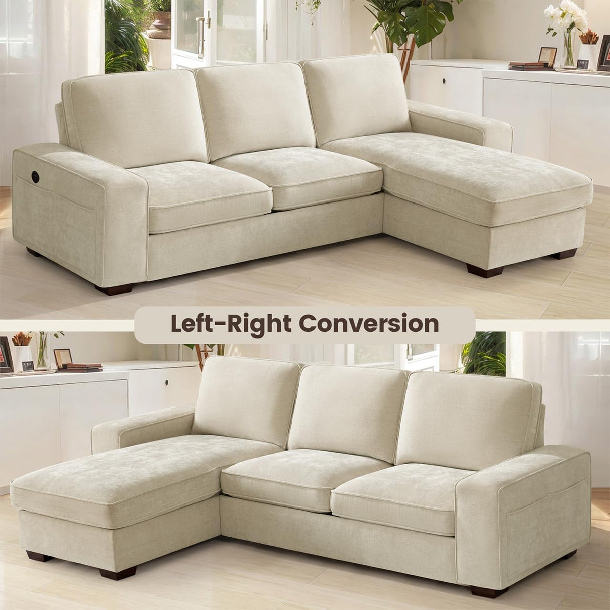 PARKOL 99" L-Shaped Sectional Couch with Storage, Sofa with Reversible Chaise, USB Type-C Charging, Chenille Fabric, Removable Cushion Covers, for Small Space, Apartment, Living Room, Beige PARKOL