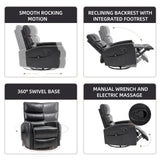 PELUMY Manual Recliner Chair with Heat & Vibration Massage, 360° Swivel Rocker Recliner with 155° Recline and Lumbar Heat, Compact Recliner for Living Room & Small Spaces (Breathable Leather, Black) PELUMY