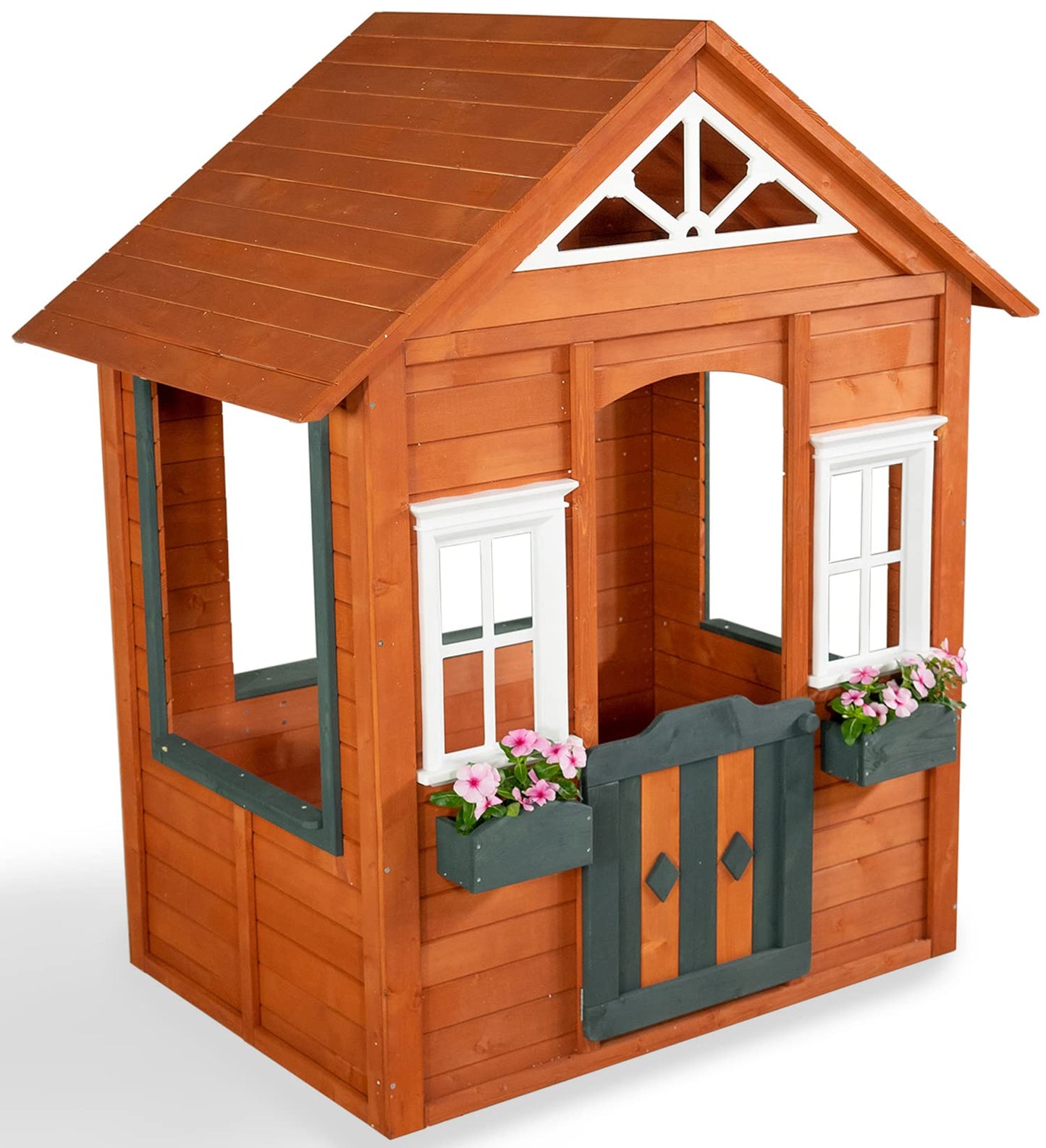 Sportspower Woodbridge Wooden Outdoor Backyard Playhouse with Flower Boxes, Red