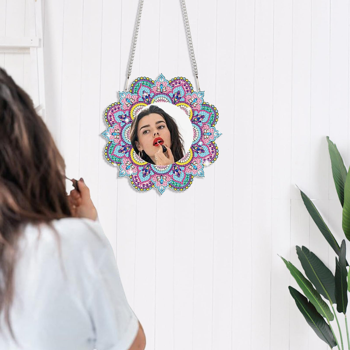 DIY Diamond Painting Mirror for Adults DIY Special Shaped Crystal Diamond Painting Kit Mandala Mirror Makeup Mirror Christmas Halloween Birthday Gifts Art Crafts Home Decor (Pink-Blue) antor