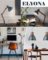 ELYONA Sapele Wood Desk Lamp with Upgraded Wireless Charger, Swing Arm Table Lamp with USB C Charging Port, Reading Task Light for Bedroom, Dorm, Office, Living Room, LED Bulb Include, Modern Blue ELYONA