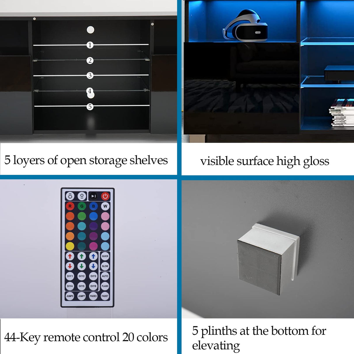 Uspeedy TV Stand,High Glossy LED TV Stand for 55 inch TV Stand,Modern TV Entertainment Center with Adjustable Storage Shelf,TV Console Table with RGB LED 20 Color Lighting(47IN Black) Uspeedy