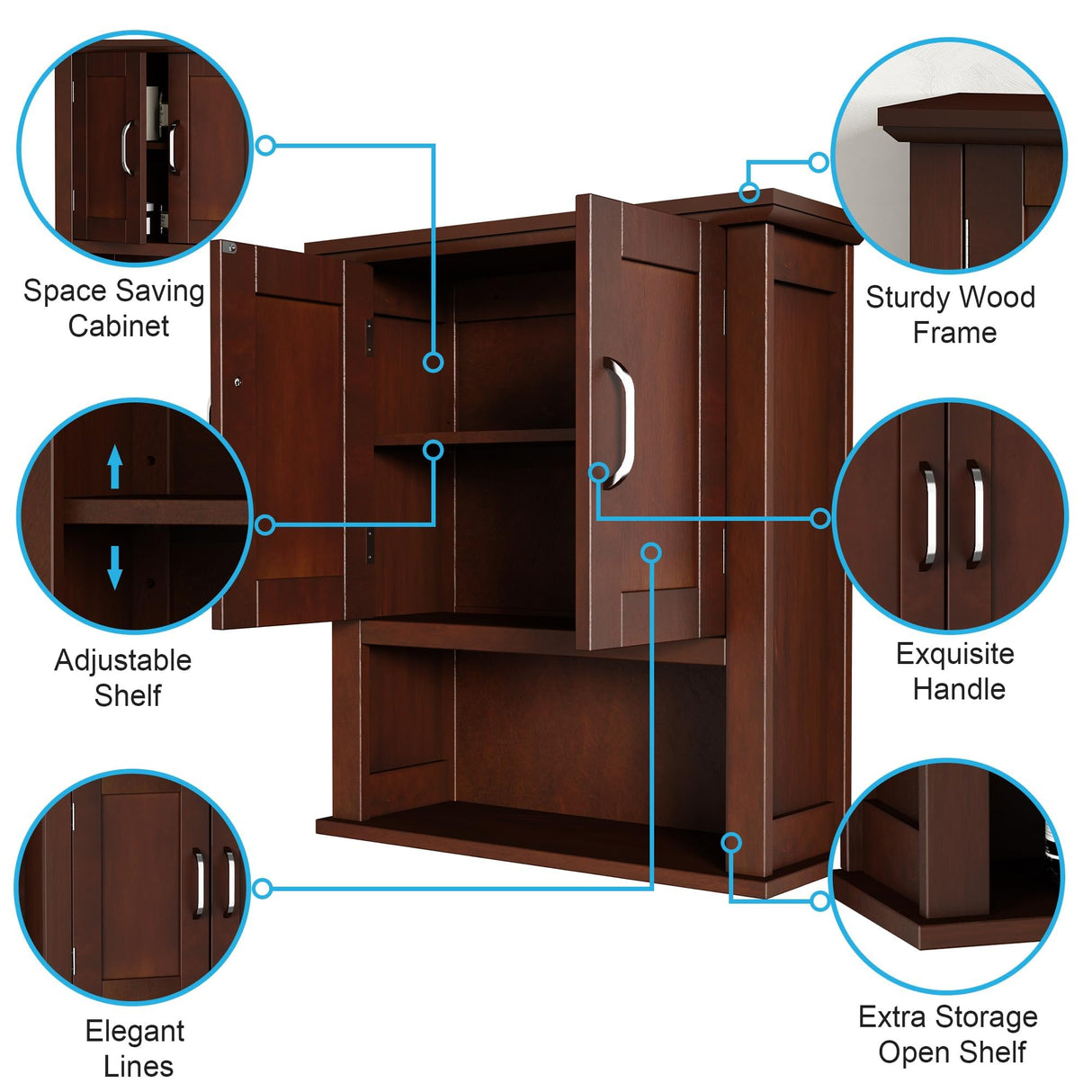 ChooChoo Wood Wall Cabinet with Doors, Medicine Cabinet with Adjustable Shelves Over The Toilet, Rustic Cabinet Wall Mounted for Bathroom, Kitchen, Living Room, Dark Cherry ChooChoo