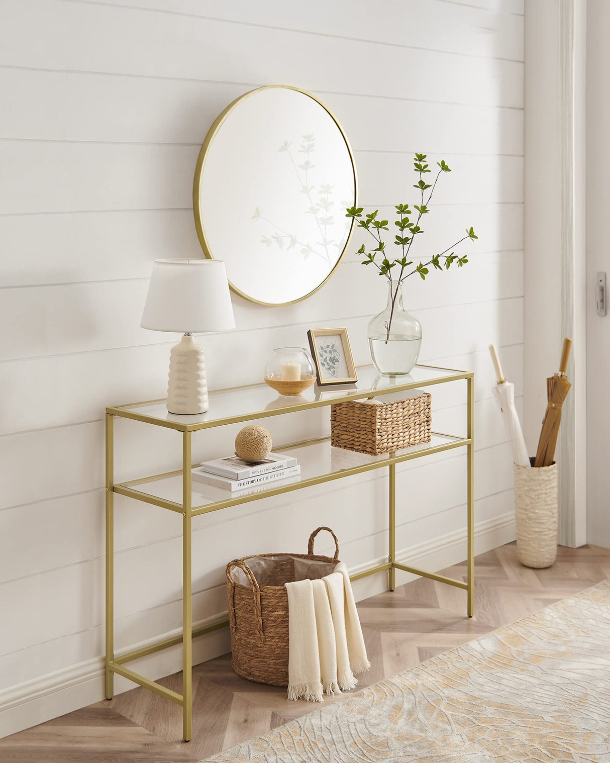 VASAGLE 47.2 Inch Console Sofa Table, Modern Entryway Table, Tempered Glass Table, Metal Frame, 2 Shelves, Adjustable Feet, for Living Room, Hallway, Gold Color ULGT045A61 VASAGLE