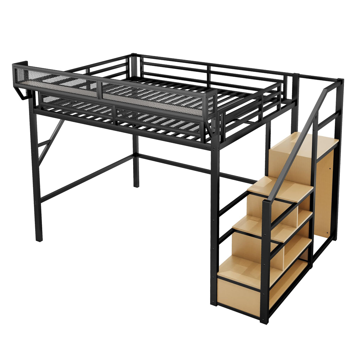 MoproBeti Queen Loft Bed with Stairs, Metal Loft Bed Queen Size with Storage Shelves, Adults Loft Bed with Wardrobe, Heavy Duty High Loft Bed for Teens, No Box Spring Needed, No Noise, Black MoproBeti