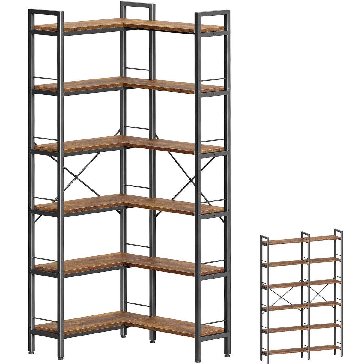 Huuger 6 Tier Bookshelf, L Shaped Corner Bookshelf with Open Shelves, 49.4 Inch Straight Wide Bookcase with Metal Frame and Wooden Board, Adjustable Feet, Rustic Brown Huuger