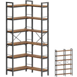 Huuger 6 Tier Bookshelf, L Shaped Corner Bookshelf with Open Shelves, 49.4 Inch Straight Wide Bookcase with Metal Frame and Wooden Board, Adjustable Feet, Rustic Brown Huuger