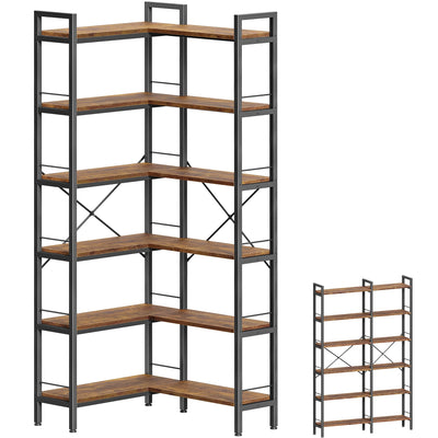 Huuger 6 Tier Bookshelf, L Shaped Corner Bookshelf with Open Shelves, 49.4 Inch Straight Wide Bookcase with Metal Frame and Wooden Board, Adjustable Feet, Rustic Brown