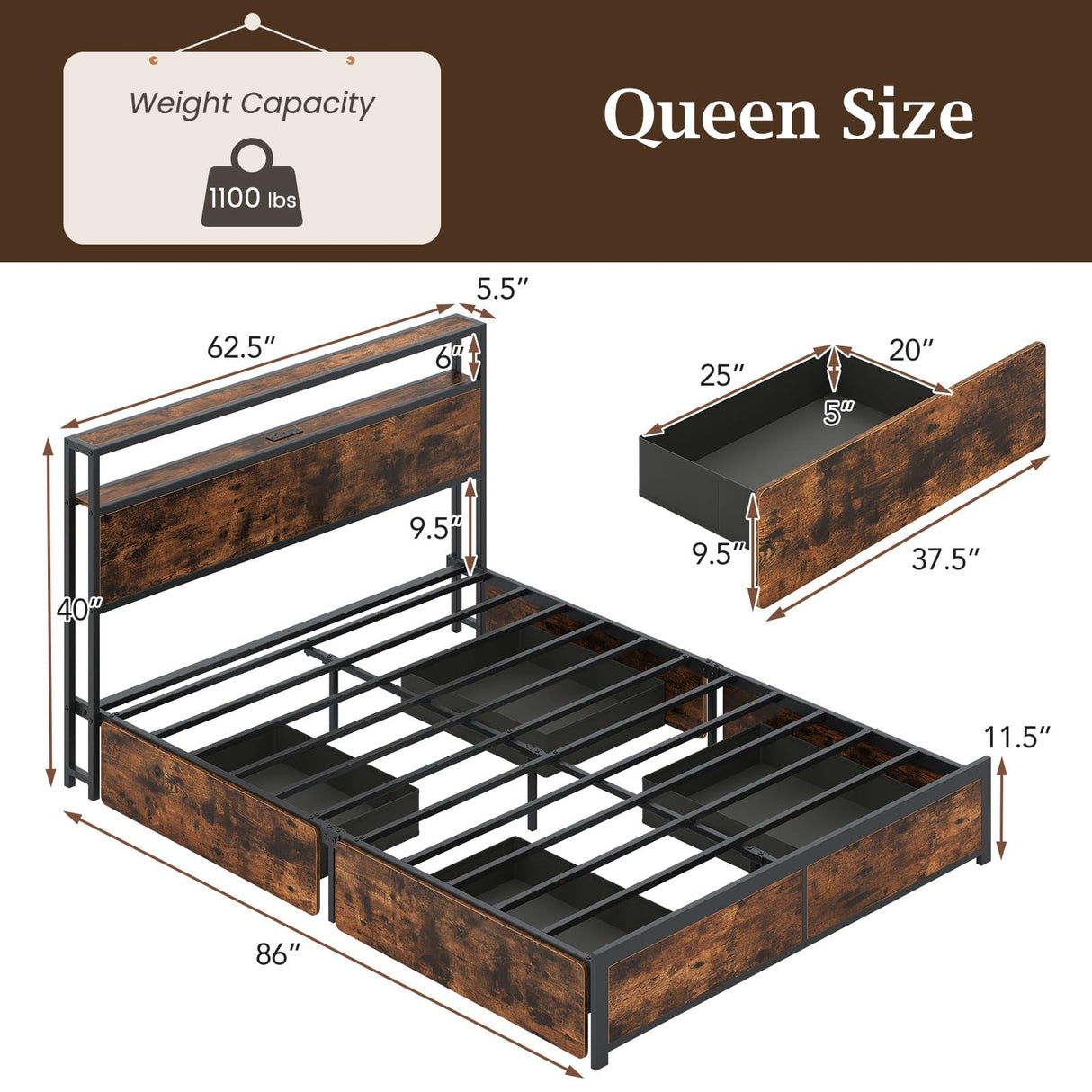 Giantex Queen Size LED Bed Frame with Charging Station & 4 Storage Drawers, Heavy Duty Metal Platform Bed with 2-Tier Storage Headboard, Noise Free, No Box Spring Needed, Rustic Brown Giantex