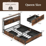 Giantex Queen Size LED Bed Frame with Charging Station & 4 Storage Drawers, Heavy Duty Metal Platform Bed with 2-Tier Storage Headboard, Noise Free, No Box Spring Needed, Rustic Brown Giantex