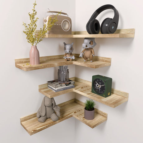 4 Tier Corner Floating Shelves Set of 4, Rustic Pine Wood Corner Shelves for Wall Storage and Decor, L-Shaped Corner Wall Mounted Shelf for Bedroom, Living Room, Bathroom, Kitchen - Carbonized Black Ecowillon