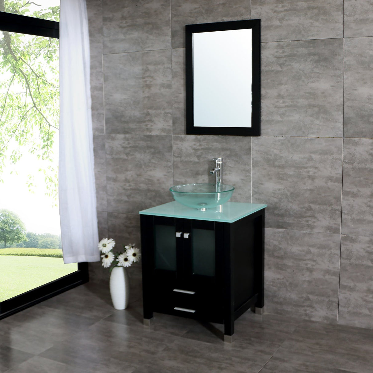 Black Wood Bathroom Vanity Set with Mirror,Tempered Glass Vessel Sink&ORB Faucet – Modern Storage Vanities Combo (Sink Clear 1, 24 inch) walnest