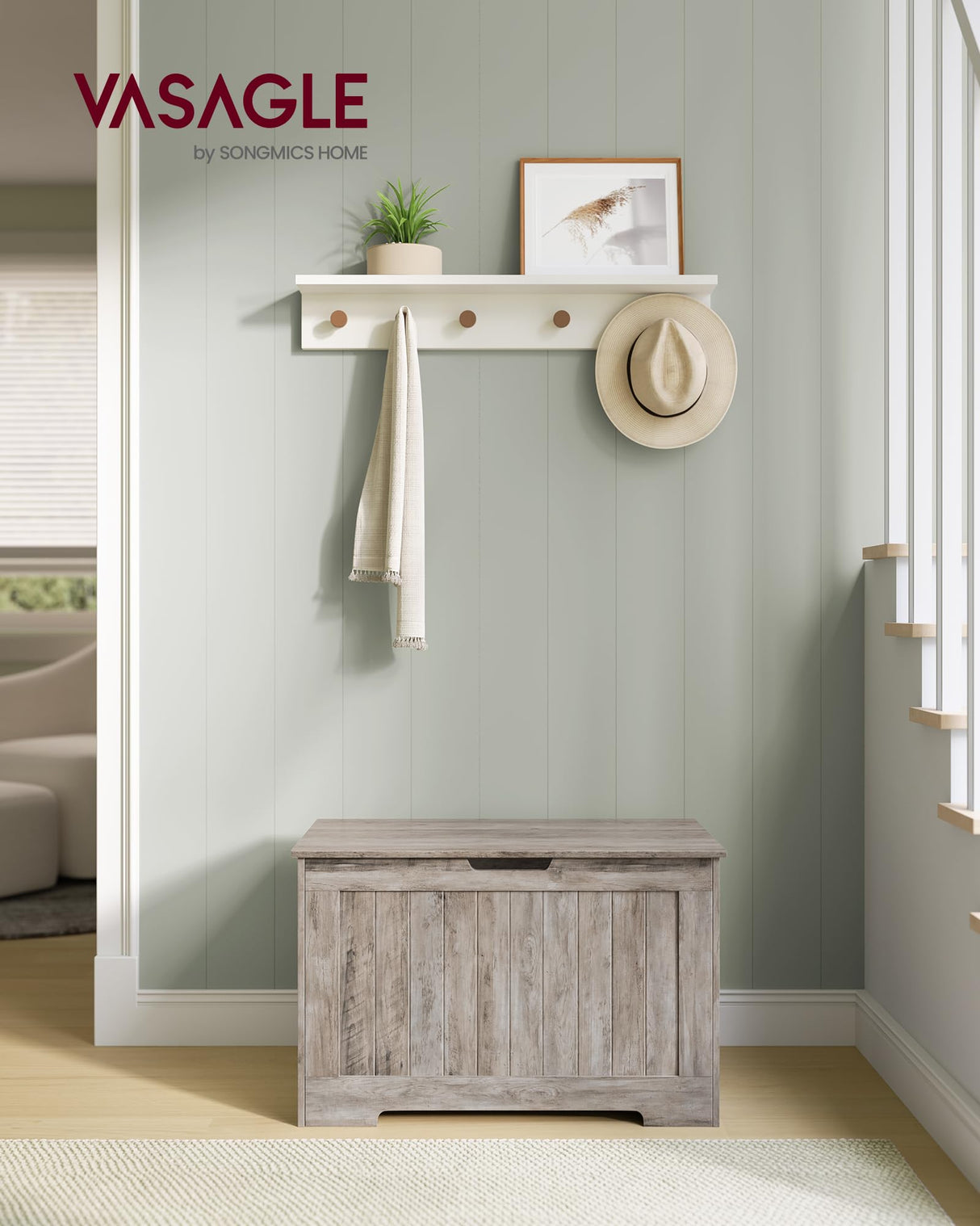 VASAGLE Storage Chest, 29.9 Inches Width Storage Bench, Entryway Bench with 2 Safety Hinges, Shoe Bench, Farmhouse Style, for Entryway, Bedroom, Living Room, Heather Greige ULHS011K01 VASAGLE