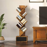 SUPERLELE 6 Shelf Bookshelf with Drawer, Retro Tree Bookcase Floor Standing Bookcase for CDs/Movies/Books, Utility Book Organizer Shelves for Bedroom, Living Room, Home Office SUPERLELE