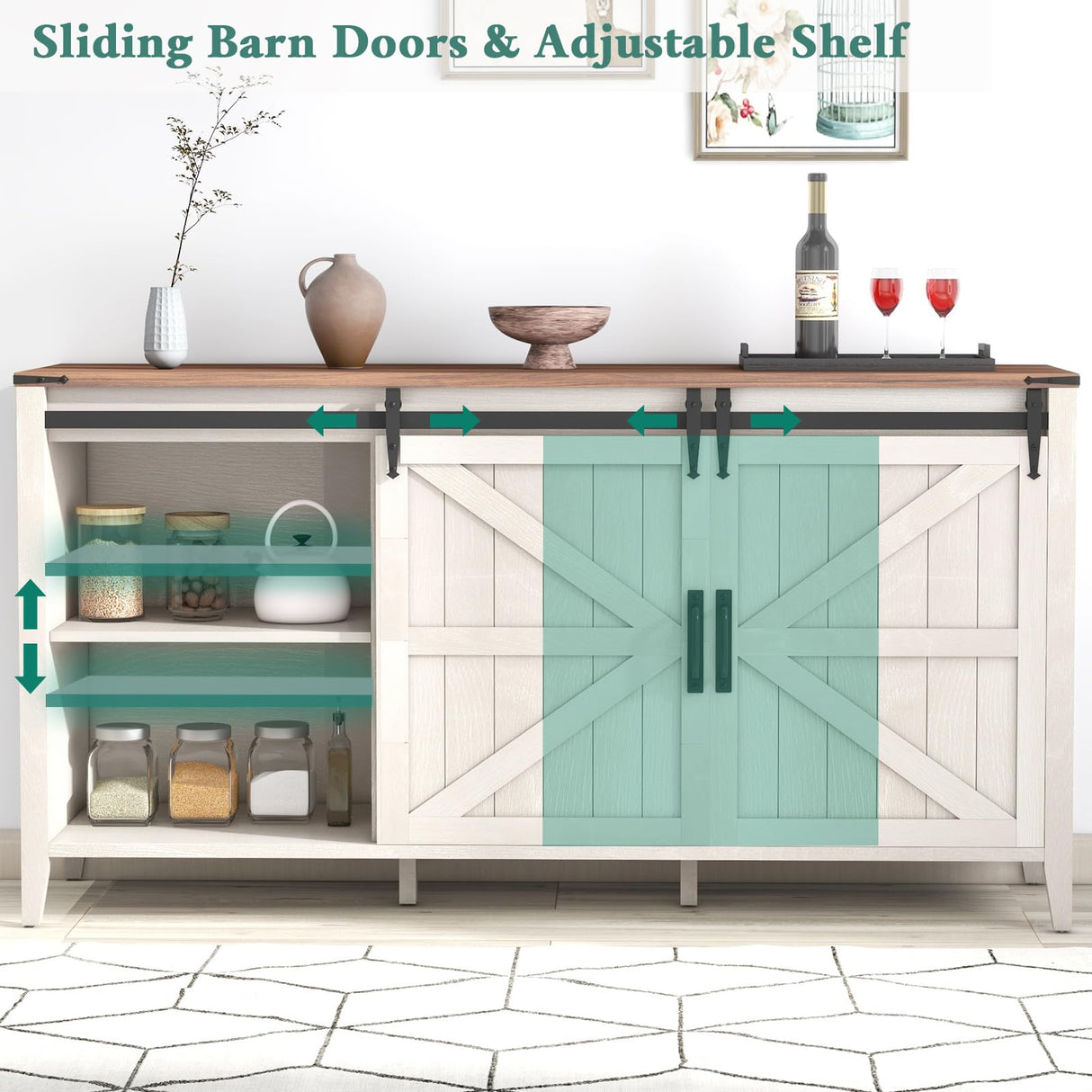 GlouMod 60 Inch Farmhouse 4 Drawers Dresser for Bedroom with Sliding Barn Doors, Natural Texture Wood Rustic Chest of Drawers for Living Room Bedroom Hallway Neoclassical White GlouMod