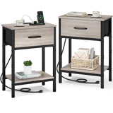 Vagusicc Nightstand Set of 2 with Charging Station, Bed Side Table with Fabric Drawer, Small End Table with 2-Tier Storage Shelves, 25.4" Tall Night Stand Bedside Table for Bedroom Living Room, Greige Vagusicc