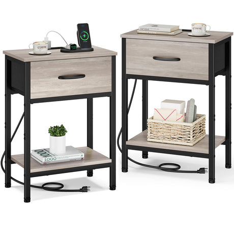 Vagusicc Nightstand Set of 2 with Charging Station, Bed Side Table with Fabric Drawer, Small End Table with 2-Tier Storage Shelves, 25.4" Tall Night Stand Bedside Table for Bedroom Living Room, Greige Vagusicc