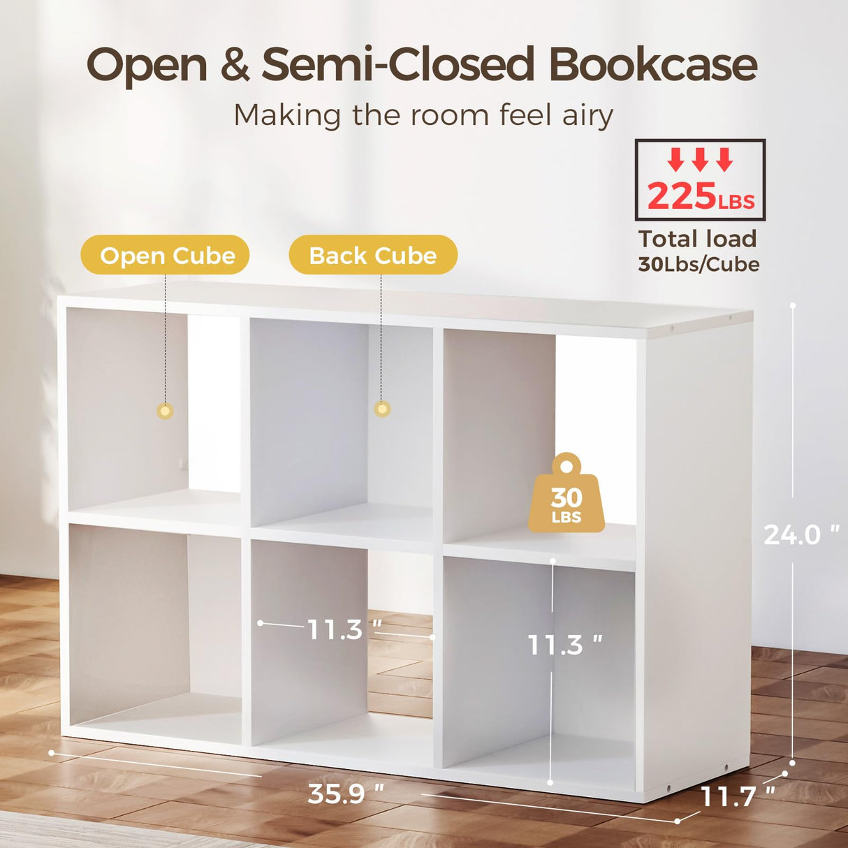 COMHOMA 6 Wood Cube Storage Organizer with Open Back and Removable Back Panels, 11In White Cube Storage Bookshelf, Cubicle Shelf Bookcase for Home Office Bedroom Living Room, Vertical or Horizontal COMHOMA