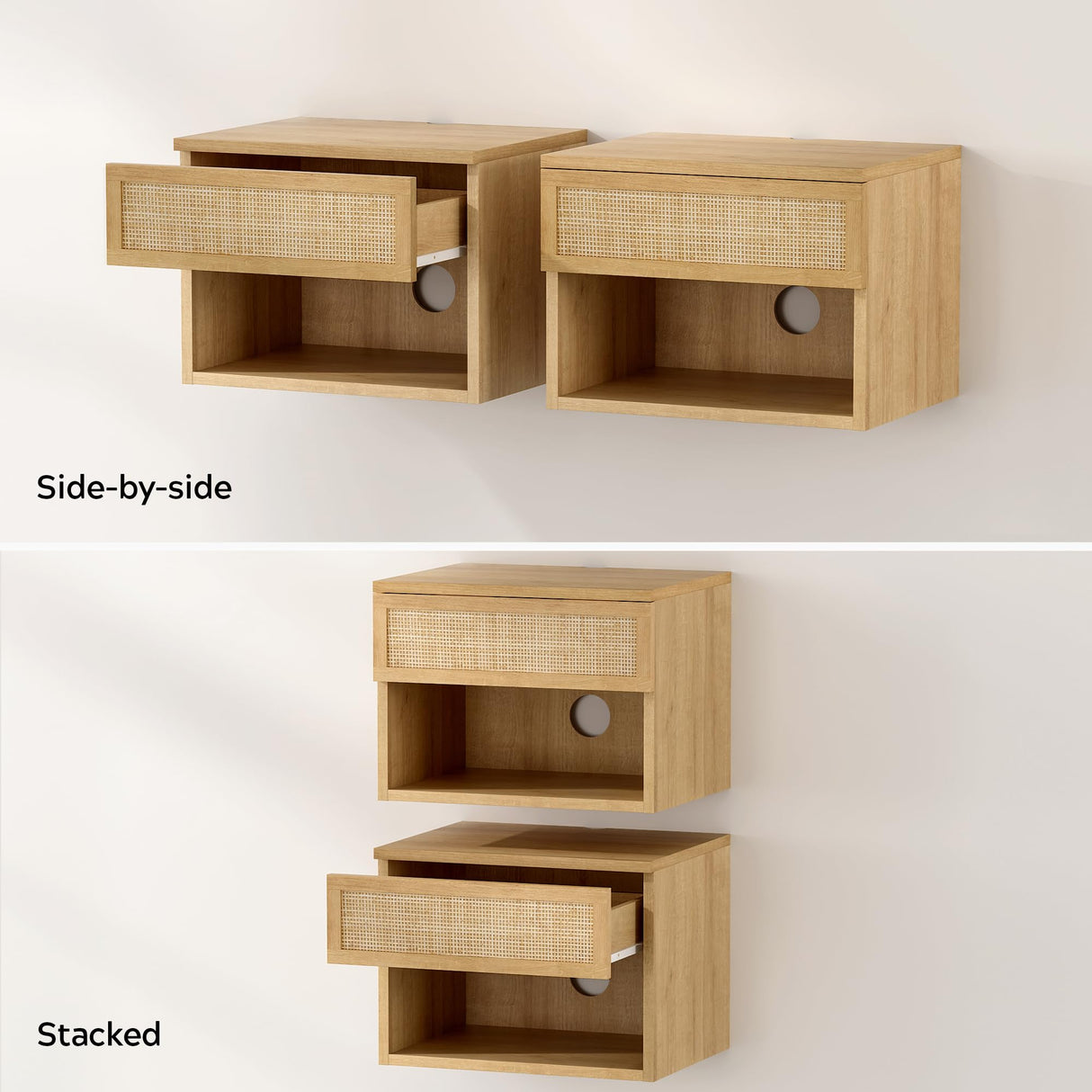 EYYTHUNG Small Rattan Floating Nightstands with Drawer Set of 2, Wall Mounted Night Stand with Open Compartment Modern Wooden Bedside Table Storage Cabinet for Bedroom, Entryway Natural Oak EYYTHUNG