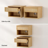 EYYTHUNG Small Rattan Floating Nightstands with Drawer Set of 2, Wall Mounted Night Stand with Open Compartment Modern Wooden Bedside Table Storage Cabinet for Bedroom, Entryway Natural Oak EYYTHUNG